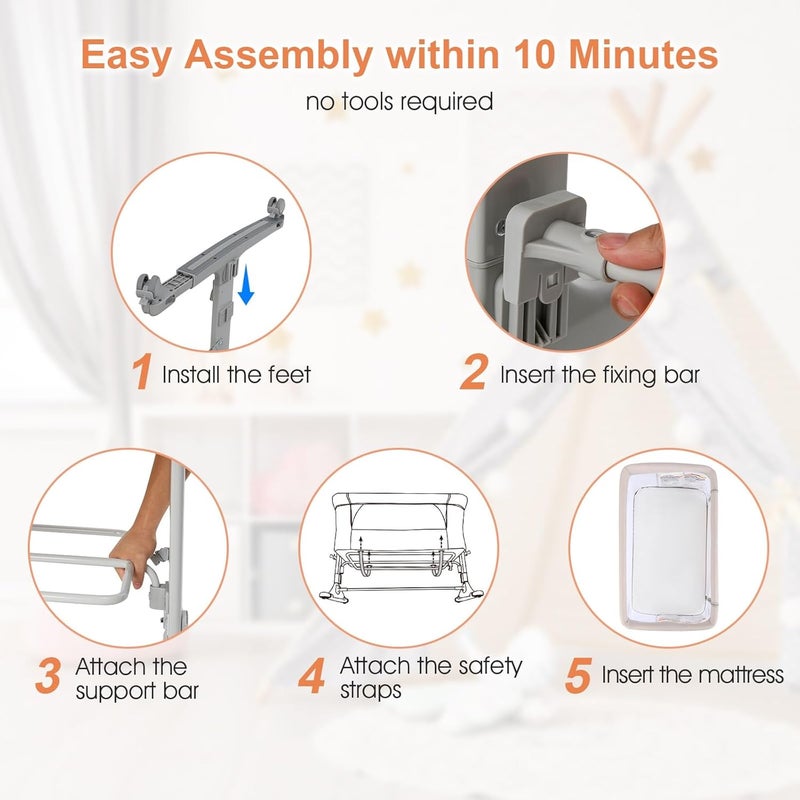 INFANS 3 in 1 Baby Bassinet, Bedside Sleeper for Newborn, Folding Crib with Mattress, Travel Bag, Wheels, 4-Sided Mesh, Easy to Assemble Cradle Co Sleeper Stationary, Rock (Beige) - Image 3